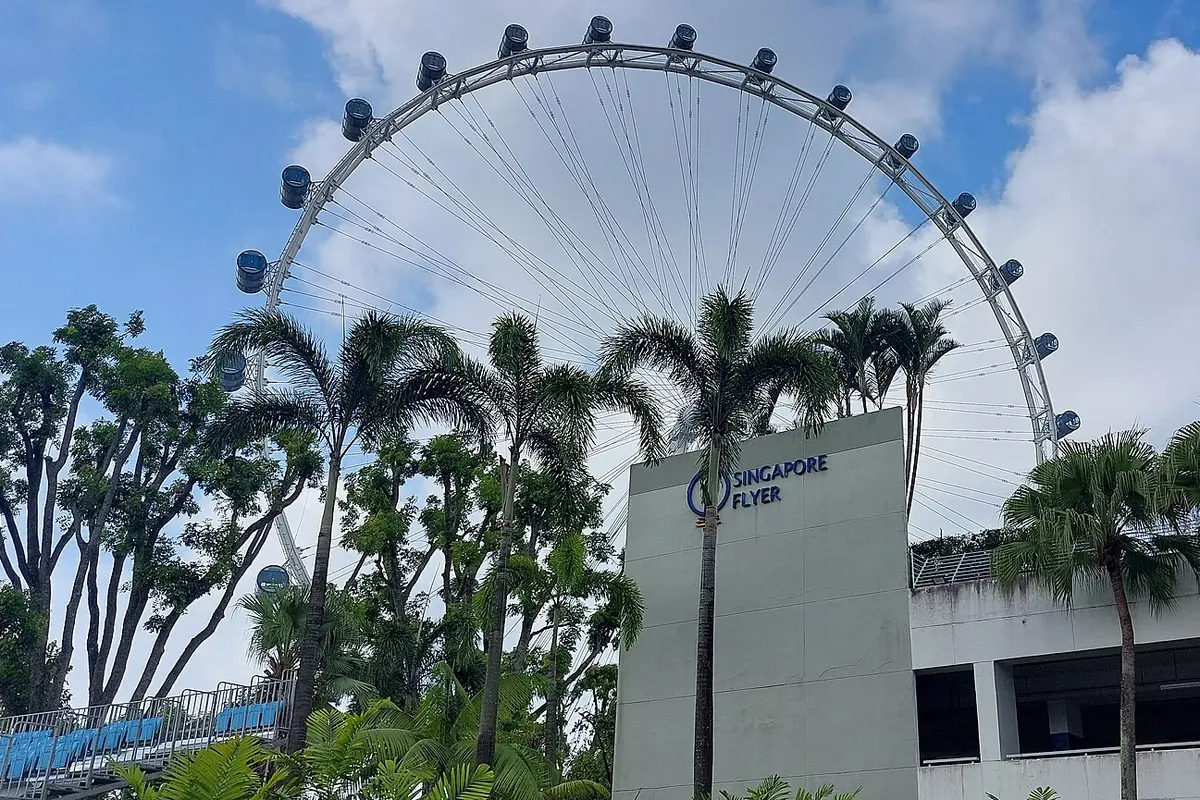 The Singapore Flyer wheel rising behind palm trees, with the Singapore Flyer sign on the building at its base